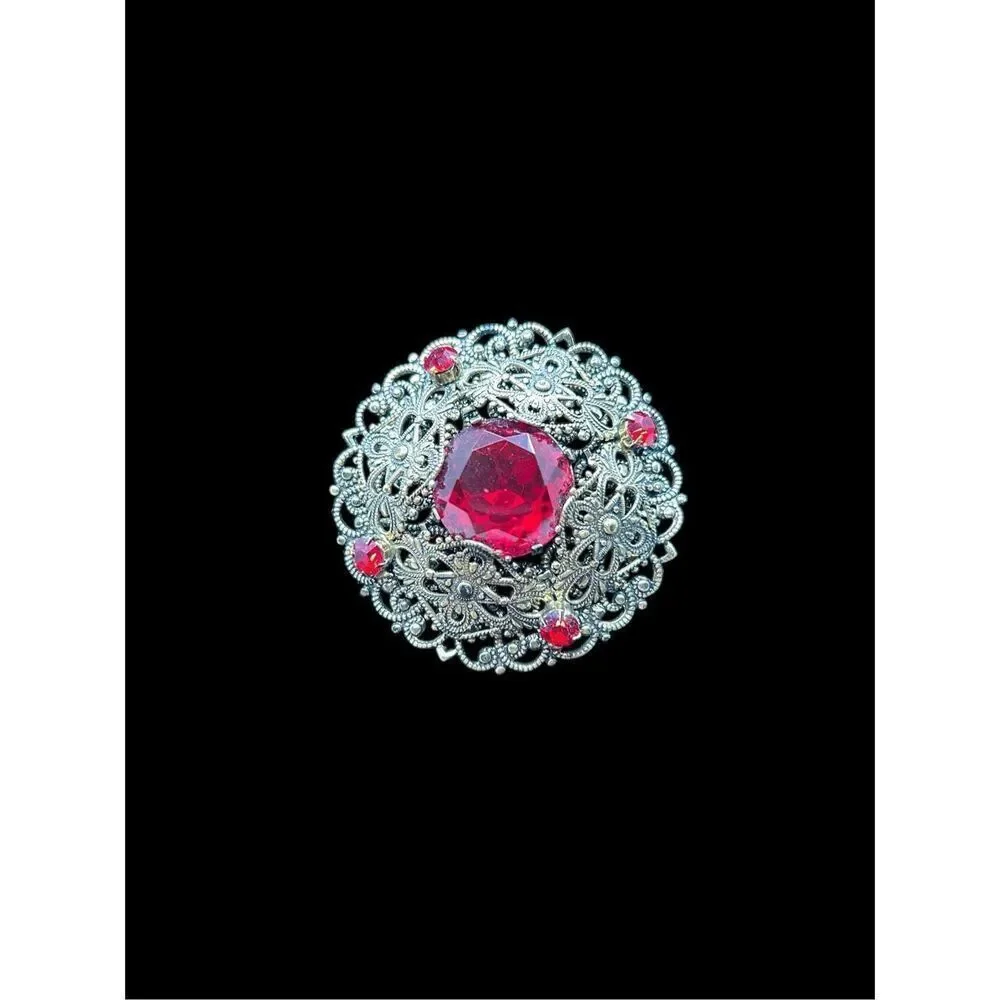 Vintage Red Rhinestone Filigree Brooch Romantic Victorian Revival